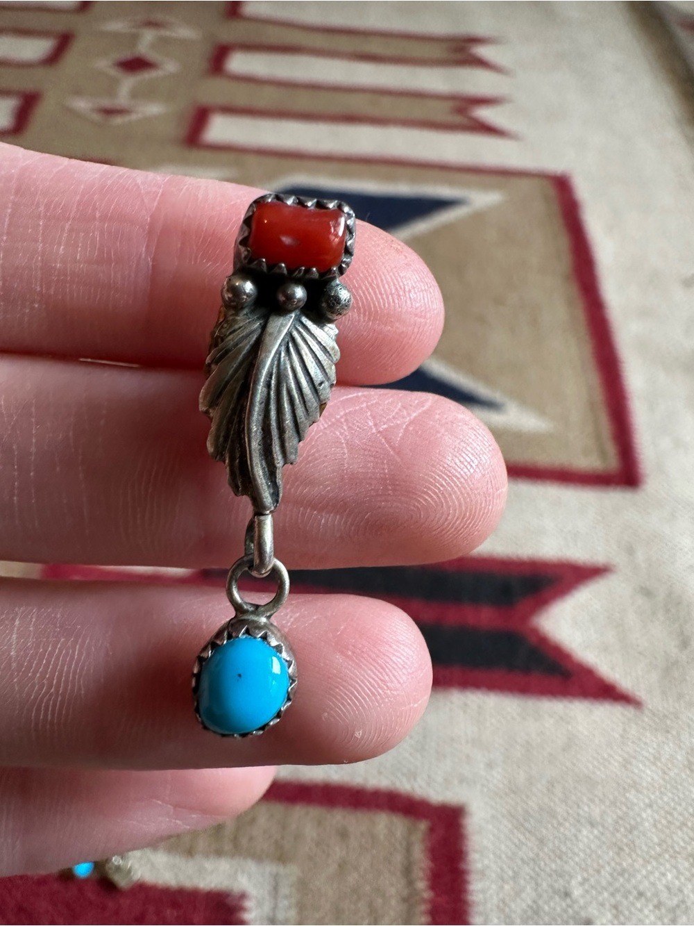Vintage Native American Turquoise Coral Sterling Earrings And Pendant - Picture 9 of 10